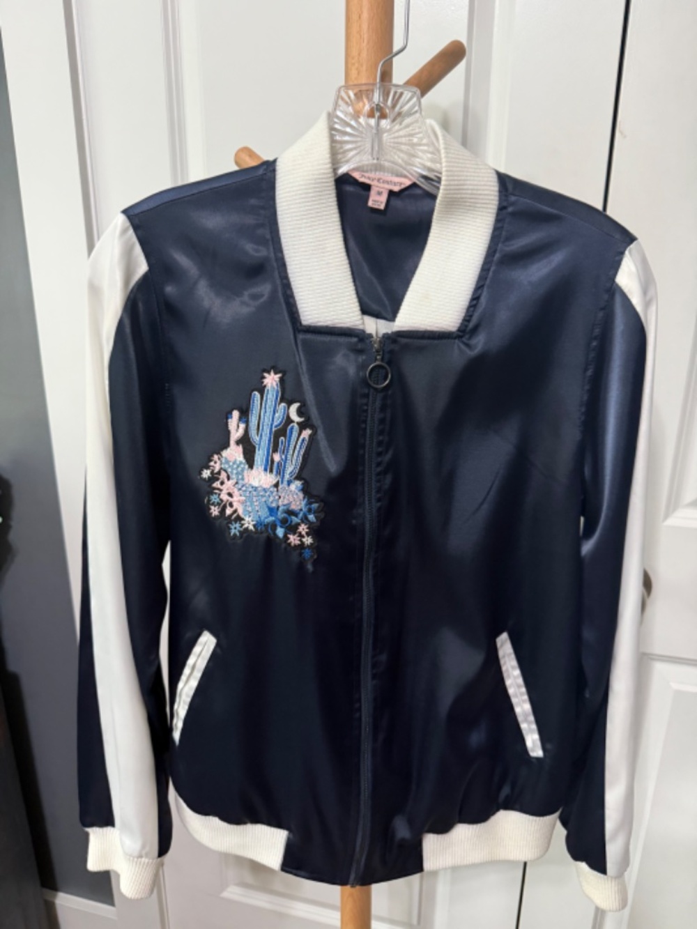 NEW Juicy Couture Satin Bomber Jacket Blue White Embroidered Cactus Desert M